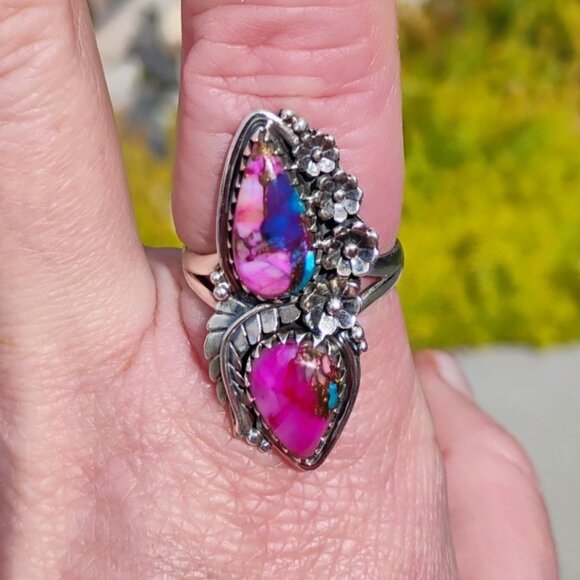 Pink Purple Dahlia Spiny Oyster Copper Turquoise Sterling Silver Ring Size 10.5 - Picture 1 of 7